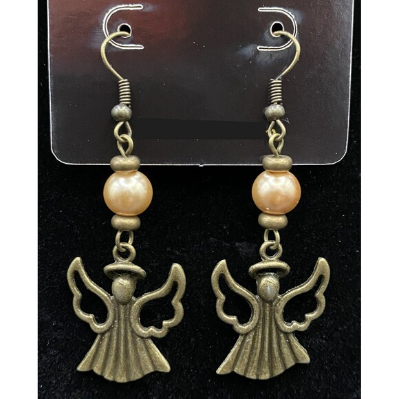 Jewelry - Handmade Brass Tone Angel with Faux Pearl & Brass Bead Earrings by Neanie-Bot